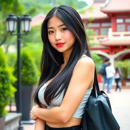 A beautiful Taiwanese university student with large breasts, posed gracefully in a picturesque campus environment