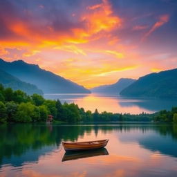 A serene landscape featuring a sunset over a calm lake surrounded by lush green trees and mountains in the distance
