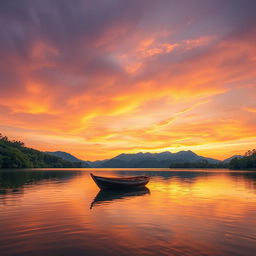 A serene landscape featuring a sunset over a calm lake surrounded by lush green trees and mountains in the distance