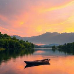 A serene landscape featuring a sunset over a calm lake surrounded by lush green trees and mountains in the distance