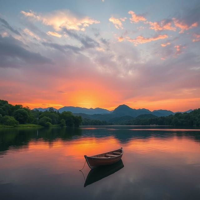 A serene landscape featuring a sunset over a calm lake surrounded by lush green trees and mountains in the distance