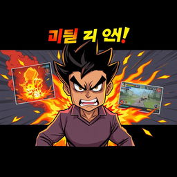 An intense and dynamic illustration featuring an angry character at the center, emanating flames from their body