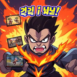 An intense and dynamic illustration featuring an angry character at the center, emanating flames from their body