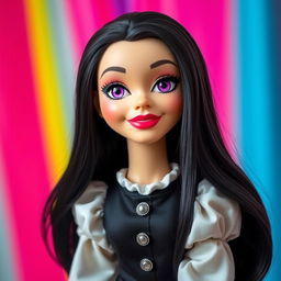 A beautiful hand puppet with long flowing black hair and striking purple eyes