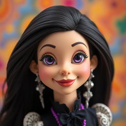 A beautiful hand puppet with long flowing black hair and striking purple eyes