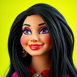 A beautiful hand puppet with long flowing black hair and striking purple eyes