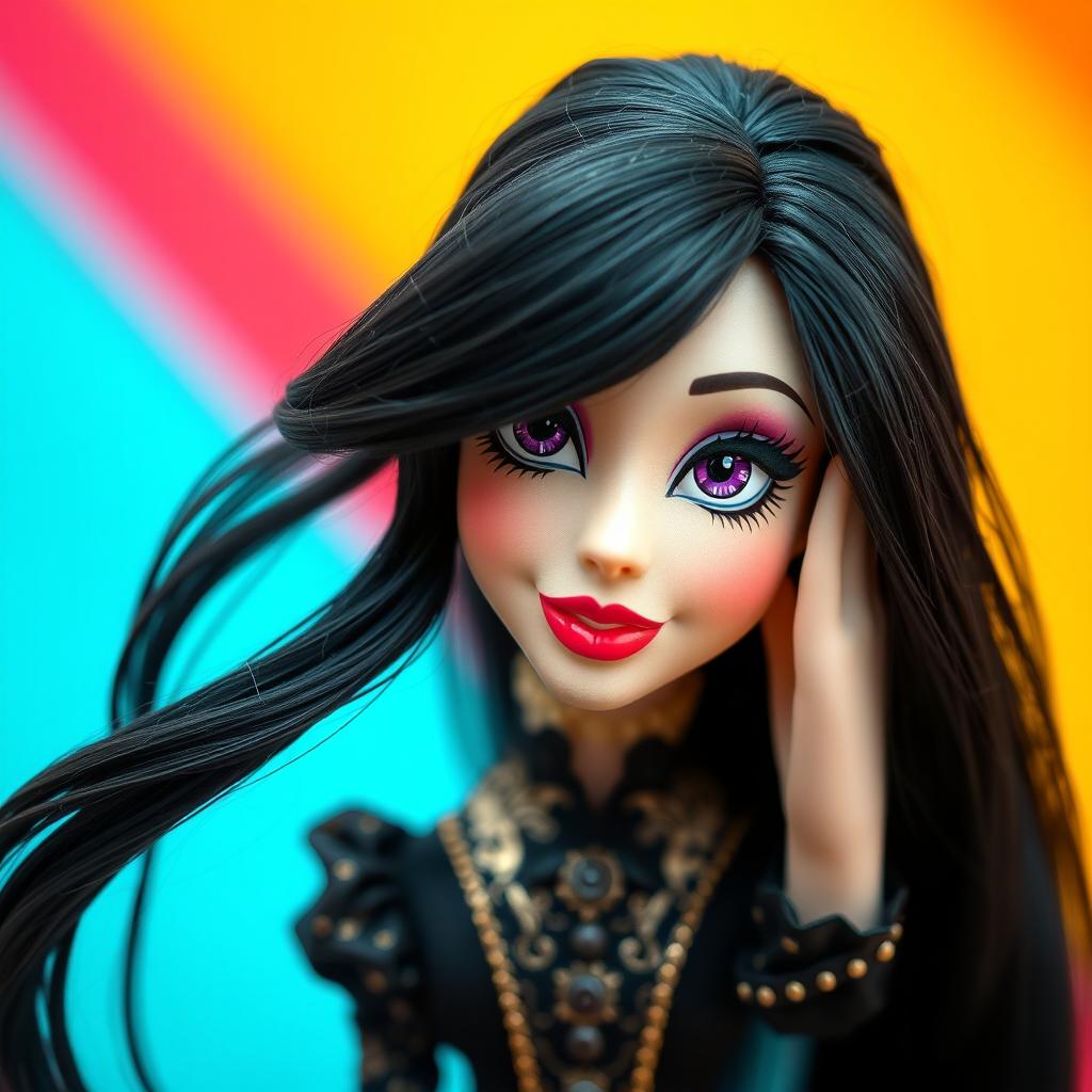 A beautiful hand puppet with long flowing black hair and striking purple eyes