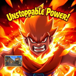In the center of the thumbnail, a main character with an extremely angry expression, showcasing red eyes and intense facial features, with flames dramatically bursting out from their body