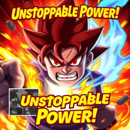 In the center of the thumbnail, a main character with an extremely angry expression, showcasing red eyes and intense facial features, with flames dramatically bursting out from their body