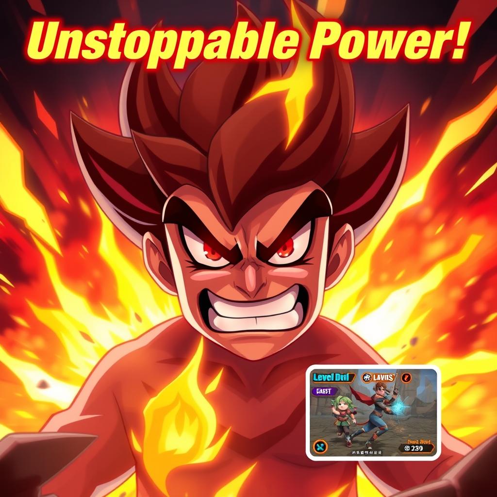 In the center of the thumbnail, a main character with an extremely angry expression, showcasing red eyes and intense facial features, with flames dramatically bursting out from their body