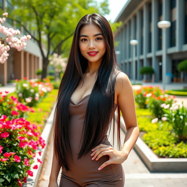 A gorgeous Taiwanese university student with large breasts, posing confidently in a vibrant campus setting