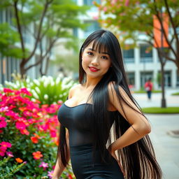 A gorgeous Taiwanese university student with large breasts, posing confidently in a vibrant campus setting