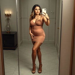 A portrait of a high class Arab woman, aged 40, with white skin and a curvy, busty body, dressed in a mini tight short dress