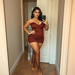 A portrait of a high class Arab woman, aged 40, with white skin and a curvy, busty body, dressed in a mini tight short dress