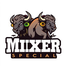 A vibrant and modern logo design featuring a set of buffalos prominently, creatively integrated with the text 'Mixer Podda Special