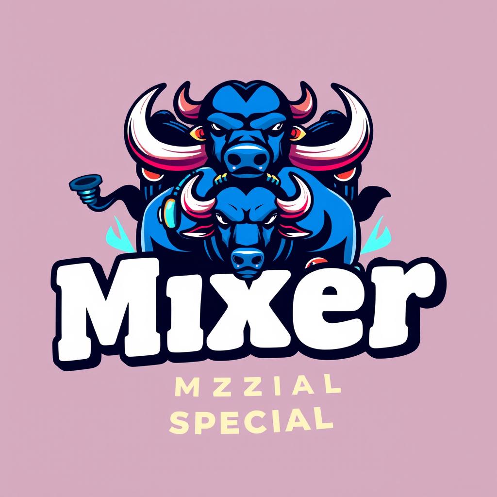 A vibrant and modern logo design featuring a set of buffalos prominently, creatively integrated with the text 'Mixer Podda Special