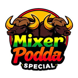 A vibrant and modern logo design featuring a set of buffalos prominently, creatively integrated with the text 'Mixer Podda Special
