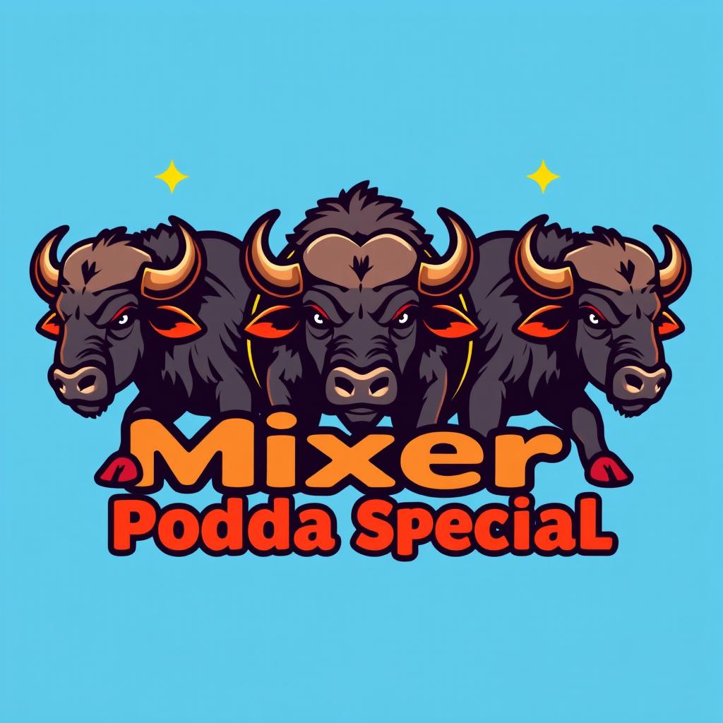 A striking logo design that features a set of buffalos in a playful and artistic style, harmoniously integrated with the text 'Mixer Podda Special