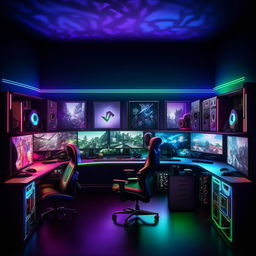 A stylish gaming room filled with RGB lighting, state-of-the-art gaming PCs, a spacious gaming desk, comfortable chair, multiple monitors, gaming consoles, VR headset and gaming posters on the walls.