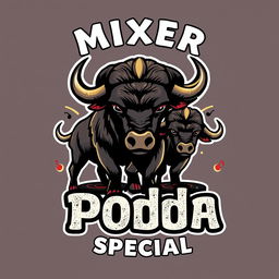 A striking logo design that features a set of buffalos in a playful and artistic style, harmoniously integrated with the text 'Mixer Podda Special