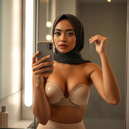 A realistic depiction of a hijabi woman taking a mirror selfie, wearing a strapless see-through transparent bra