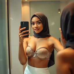 A realistic depiction of a hijabi woman taking a mirror selfie, wearing a strapless see-through transparent bra