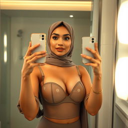 A realistic depiction of a hijabi woman taking a mirror selfie, wearing a strapless see-through transparent bra