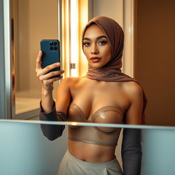 A realistic depiction of a hijabi woman taking a mirror selfie, wearing a strapless see-through transparent bra