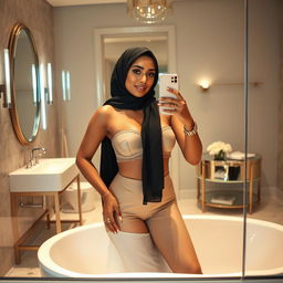 A realistic image of a 40-year-old hijabi woman taking a mirror selfie, wearing a strapless see-through transparent bra and stylish platform heels