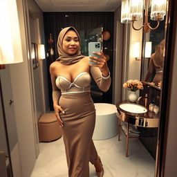 A realistic image of a 40-year-old hijabi woman taking a mirror selfie, wearing a strapless see-through transparent bra and stylish platform heels
