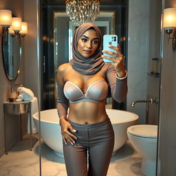 A realistic image of a 40-year-old hijabi woman taking a mirror selfie, wearing a strapless see-through transparent bra and stylish platform heels