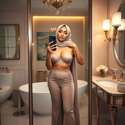 A realistic image of a 40-year-old hijabi woman taking a mirror selfie, wearing a strapless see-through transparent bra and stylish platform heels