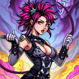 A character inspired by Mariah from JoJo's Bizarre Adventure, depicted as a stylish, confident woman with striking features and vibrant hair