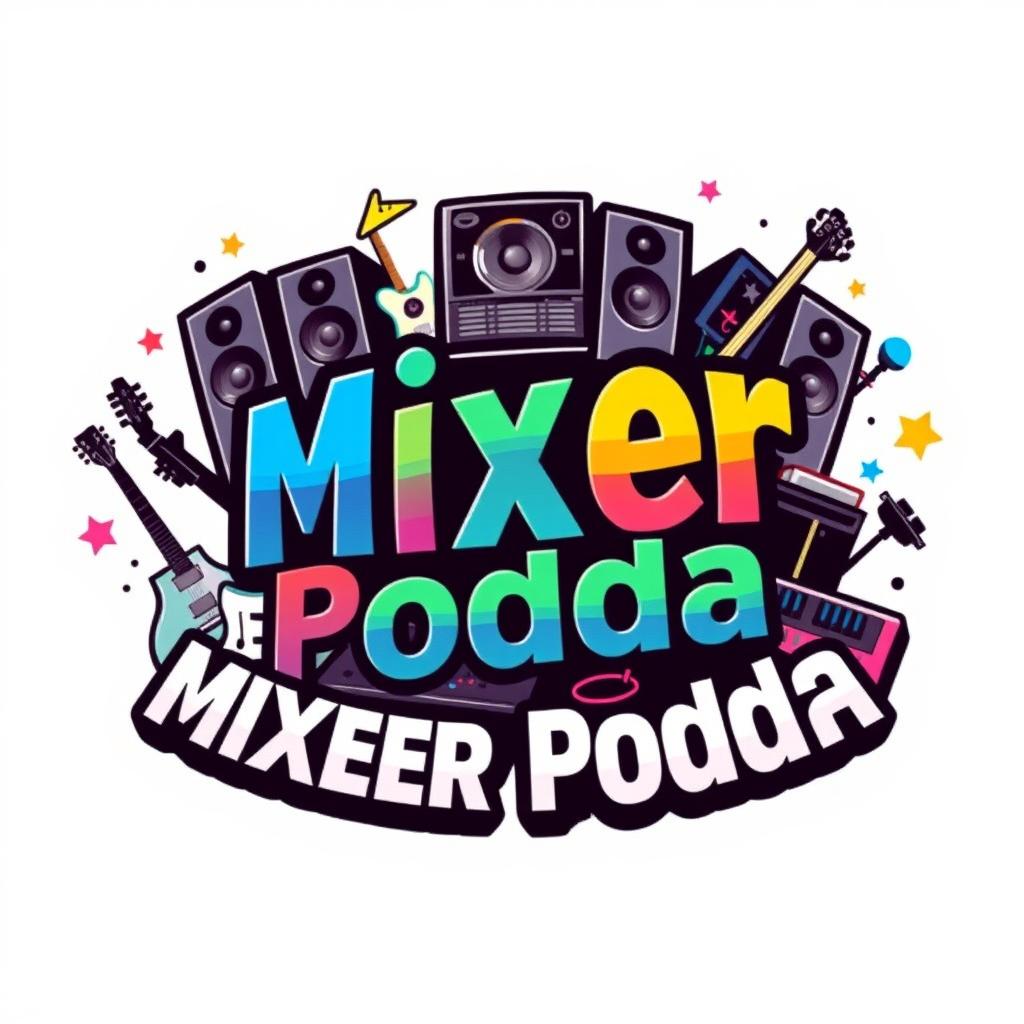 A captivating logo design that prominently features a set of speakers and various musical instruments, such as guitars, drums, and keyboards, creatively arranged around the text 'Mixer Podda Special