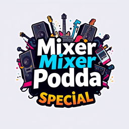 A captivating logo design that prominently features a set of speakers and various musical instruments, such as guitars, drums, and keyboards, creatively arranged around the text 'Mixer Podda Special