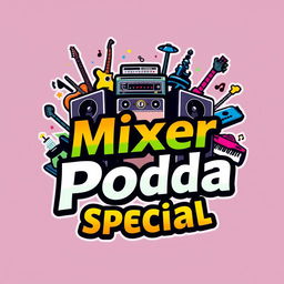 A captivating logo design that prominently features a set of speakers and various musical instruments, such as guitars, drums, and keyboards, creatively arranged around the text 'Mixer Podda Special
