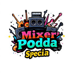 A captivating logo design that prominently features a set of speakers and various musical instruments, such as guitars, drums, and keyboards, creatively arranged around the text 'Mixer Podda Special
