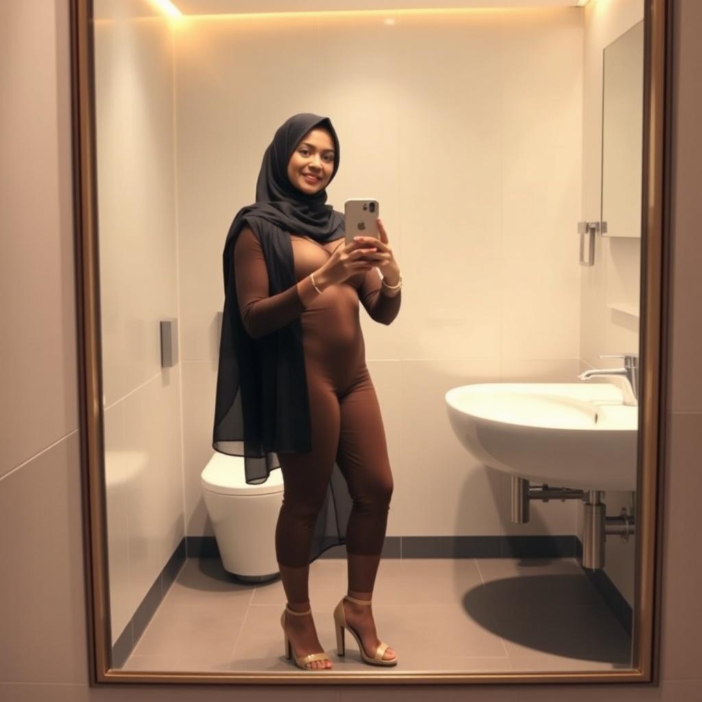 A realistic image of a 40-year-old hijabi woman taking a mirror selfie in a restroom, wearing only a sheer bra and stylish platform heels