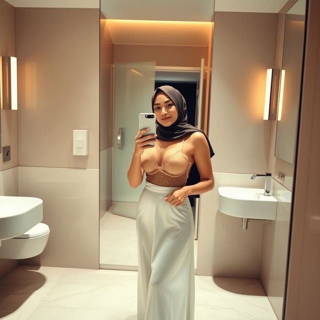 A realistic image of a 40-year-old hijabi woman taking a mirror selfie in a restroom, wearing only a sheer bra and stylish platform heels