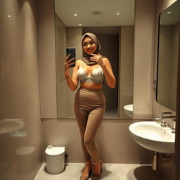 A realistic image of a 40-year-old hijabi woman taking a mirror selfie in a restroom, wearing only a sheer bra and stylish platform heels