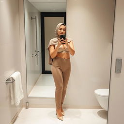 A realistic image of a 40-year-old hijabi woman taking a mirror selfie in a restroom, wearing only a sheer bra and stylish platform heels