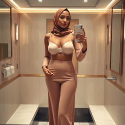 A realistic image of a 40-year-old hijabi woman taking a mirror selfie in a restroom, wearing a sheer bra and stylish platform heels