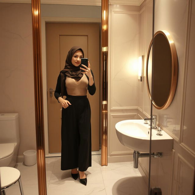 A realistic image of a 40-year-old hijabi woman taking a mirror selfie in a restroom, wearing a sheer bra and stylish platform heels