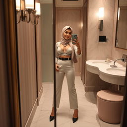 A realistic image of a 40-year-old hijabi woman taking a mirror selfie in a restroom, wearing a sheer bra and stylish platform heels