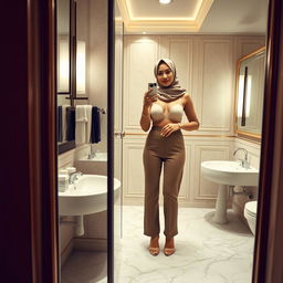 A realistic image of a 40-year-old hijabi woman taking a mirror selfie in a restroom, wearing a sheer bra and stylish platform heels