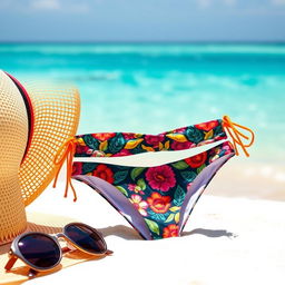 A stylish small bikini, vibrant colors, intricate patterns, designed for a sunny beach day