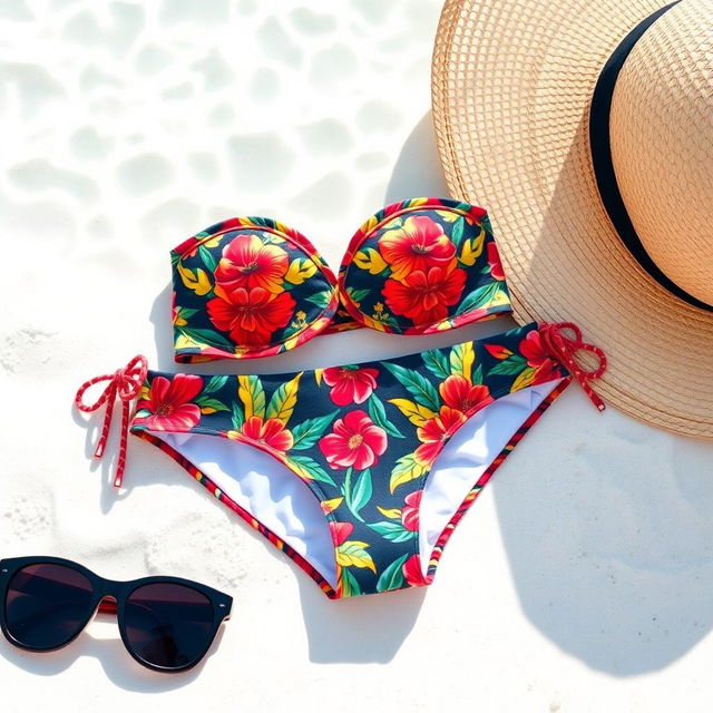 A stylish small bikini, vibrant colors, intricate patterns, designed for a sunny beach day