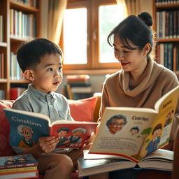 A young Chinese boy sitting in a cozy library, surrounded by colorful books about famous scientists and philosophers