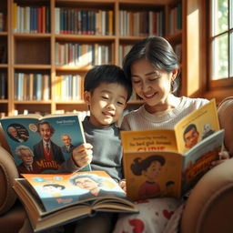 A young Chinese boy sitting in a cozy library, surrounded by colorful books about famous scientists and philosophers