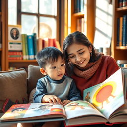 A young Chinese boy sitting in a cozy library, surrounded by colorful books about famous scientists and philosophers